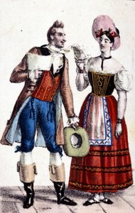 Representation av Dulcamare och Alina (framförd av Frezzolini respektive Heinefetter) i operan "Elixir d