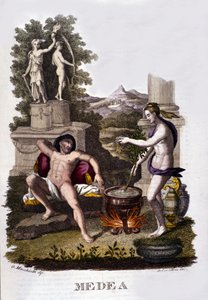 Representation av Medea som förbereder sina förbannelser efter argonauternas cykel. Gravyr av 1800-talet. av Unknown artist