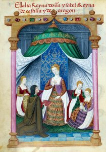 Representation av drottning Isabella av Portugal Isabella av Aragon (1271-1336) omgiven av sina följeslagare och Pedro Marcuello som erbjuder henne sin bok. Manuskriptsida hämtad från "" Collection of devotion of Queen Joan the Folle (1479-1555) of Spain"" av Unknown artist