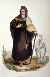 Representation av Sankt Antonius den store, egyptisk anachoret (251 - 356), grundare av kristen eremitism och Sankt Paulus av Thebe (han skulle ha föregått Sankt Antonius i Thebaide). Gravyr av 1800-talet. av Unknown artist