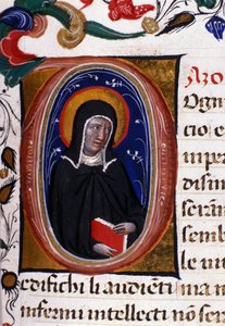 Representation av Saint Claire (Chiara) av Assisi (ca 1192-1253), grundare av Clares religiösa orden. Miniatyr från ett 1400-talsmanuskript. av Unknown artist