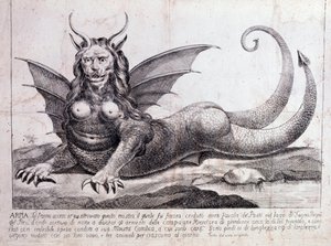 Representation av en harpy, ett monster som finns i en peruansk sjö: den har ett mänskligt ansikte, horn, drakvingar, en man av ett lejon, en reptilkropp, en kvinnas bröst (tryck 1784) av Unknown artist