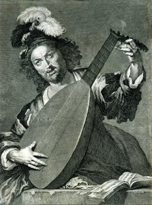Representation av en lutspelare som stämmer sitt instrument. av Unknown artist