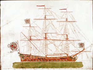 Representation av ett krigsskepp från 1600-talet (Akvarell av Unknown artist