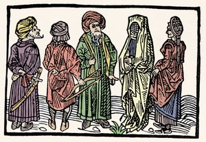 Representation av bovete. Män med armar med sammanflätade huvuden och beslöjade kvinnor. Xylografi av 1400-talet av Unknown artist