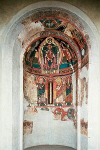 Representation av Jungfrun och barnet omgiven av Magi Kings. Fresk från centrala absiden av kyrkan Santa Maria in taull. Omkring 1123. Barcelona. Kataloniens nationalmuseum för konst av Unknown artist