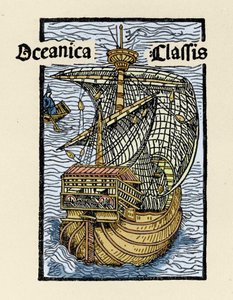 Representation av karavellen Santa Maria av Christopher Columbus (1451-1506). Gravyr från “De insulis in mare Indico super inventis”, Bale 1493-1494 (latinsk översättning av Columbus rapport till kungen av Spanien). av Unknown artist