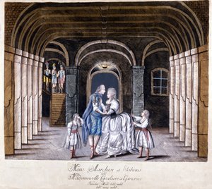 Representation av operan "Giulio Sabino" av Giuseppe Sarti (1729-1802) i Wien 1785. På scen Caterina (Katharina) Cavalieri och kastraten Luigi Marchesi. Milano av Unknown artist