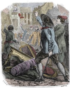 Reveillon-upplopp inträffade mellan 26-29 april 1789 - Franska revolutionen: Reveillon-affären - "" Plundring av tillverkningen av papints Jean Baptiste de Reveillon le 28 april 1789"" Ett parisiskt upplopp plundrade fabriken på rue du Faubourg saint Antoi av Unknown artist
