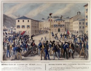 Revolution av kantonen Ticino i Schweiz den 5 december 1859. Gravyr av 1800-talet. av Unknown artist