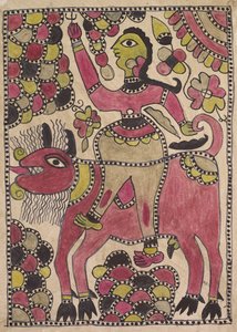 Ryttare och fyrbent nötkreatur i lila, chartreuse och svart palett av Unknown artist