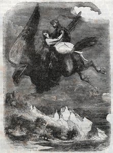 Roger (Ruggero, Ruggiero) och Angelique (Angelica) på flodhästen - gravyr från 1851 från "" Roland furieux"" (1500-talet) av Ludovico Ariosto, känd som Ariosto - Upplaga översatt från italienska av greven av Tressan och publicera av Unknown artist