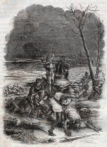 Roland massakerar folket i Cymosque - gravyr från 1851 från "" Furious Roland"" av Unknown artist