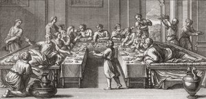 Romersk triclinium, eller matsal, med bord och soffor av Unknown artist