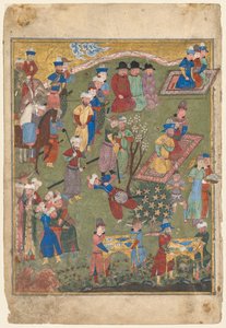 Kunglig mottagning i ett landskap, vänster folio från den dubbla frontispicen på en Shahnama (Kungarnas bok) av Firdausi (persiska, cirka 940–1019 eller 1025) av Unknown artist