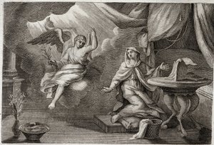 Royaumont Bibeln, Nya testamentet: Jungfruns bebådelse. Ärkeängeln Gabriel har kommit för att överlämna ett budskap till Maria. Illustration från 1811. av Unknown artist
