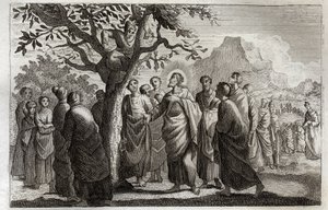 Royaumont Bibeln, Nya testamentet: Omvändelse av Zachee. Jesus Kristus talar med Zachee och sitter på platanen. Illustration från 1811. av Unknown artist