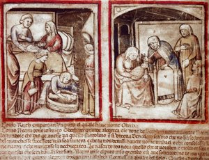 Rut föder Obed (Obeth) son till Boaz (Boaz) miniatyr från Codex 212 (eller Padovan Codex eller Bible of Padua) 1390-1400 Rovigo, Accademia dei Concordi av Unknown artist