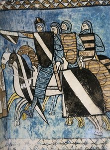 SPANIEN. KASTILIEN OCH LEON. Valladolid. Klostret San Bernardo de Valbuena. Kastilianska armén, grupp kristna soldater som rider på hästar. Freskomålning från 1300-talet om "La Reconquista". Gotisk konst av Unknown artist