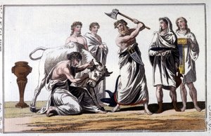 Offer av en tjur bland kelterna. 1800-talsgravyr. av Unknown artist