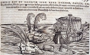 Sjömän kastar tunnor i havet för att distrahera monster i jakten. Gravyr i "Historia Animalium" av Conrad Gesner (1516-1565), Tiguri av Unknown artist