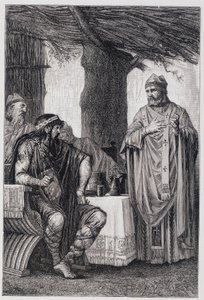 Saint Gregoire of Tours (538-594) mot Chilperic I (539-584) kung av Neustrien. av Unknown artist