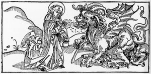 Sankta Marta och Tarasken - Gravyr från "Leben der Heiligen - sommerteil" (Helgonets bok) av Jacobus (James) från Voragine (1228-1298). Lübeck 1488. av Unknown artist