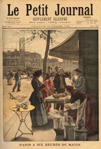 Försäljare av soppa och mjölkkaffe, hålls under cocheres dörrar kl. 06.00 för utomhusfrukost för parisiska arbetare. Gravyr i "" Le petit journal"" 1895-07-14. Selvas samling. av Unknown artist