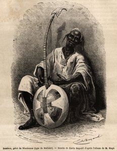 Sambou, griot från Niantanso (Mali) (Malinke-typ: västafrikanskt språk (Guinee, Senegal, Mali och Elfenbenskusten), poet, musiker, historiker och berättare, griot är förvaringsinstitutet för ett folks kollektiva minne. Gravyr för att illustrera historien av Unknown artist