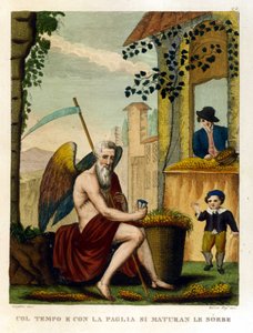 Ordspråk: "" Med tid och halm kantar neflen och ekollonen"" (tiden gör allt grumligt), Illustration från en samling ordspråk. 1800-talet av Unknown artist