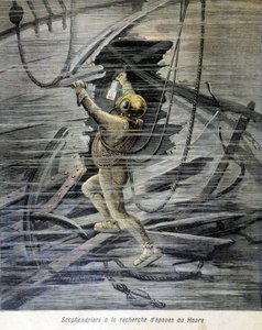 Scaphandrier letar efter vrak i Le Havre. illustration av "Petity Journal"" från 1892. av Unknown artist