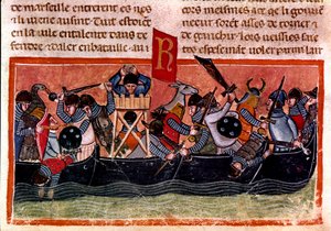 Scen för sjöstrid Miniatyr från en fransk kodex på pergament "Fakta om romarna"" som berättar om den antika historien fram till Jules Cesar (101 f.Kr.-44 f.Kr.). 1200-talets Venedig, biblioteca Marciana av Unknown artist