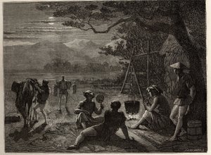 Scen för resten av landet, i månskenet, mattor rests på marken efter arbetsdagen. Gravyr för att illustrera resan till Japan 1863-1864, av Aime Humbert, minister för Schweiziska edsförbundet, i "Le tour du monde, nouveau journal des av Unknown artist