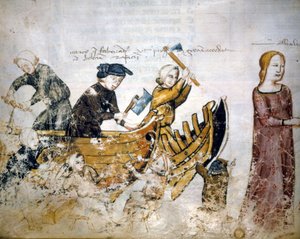 Scen för skeppsbyggnad på 1200-talet. av Unknown artist