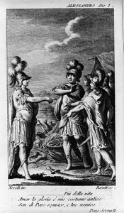 Scen i första akten av "" Alexandre aux Indies" (Alessandro nelle Indie), opera av kompositören Niccolo Vito Piccinni (eller Piccini) (1728-1800) (1758) efter ett libretto av Pietro Metastasio (Metastase). Gravyr från slutet av 1700-talet av Unknown artist