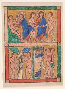 Scener ur Första Moseboken: Evas skapelse, Adams och Evas äktenskap, frestelsen och utvisningen av Unknown artist