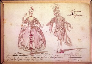 Scenografi: teckning av kostymer för pastorala "" Nais" av Jean Philippe (Jean-Philippe) Rameau (1683-1764) 1764. Akvarell. av Unknown artist