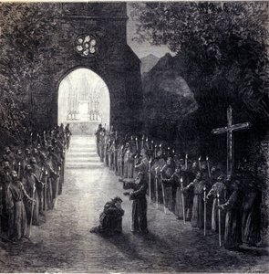 Scenografi för den sista scenen i akt II för operan "La forza del destino" (Ödets kraft) av den italienske kompositören Giuseppe Verdi (1813-1901) för föreställningen på Parisoperan av Unknown artist