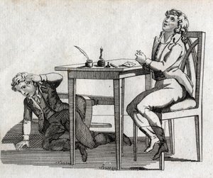 Skolelever har ett bord med inkcrib. Gravyr sent 1700-tal. Privat samling. av Unknown artist