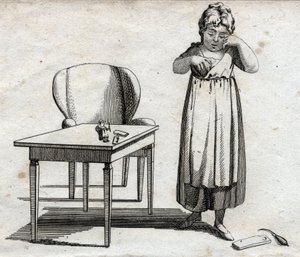 Skolflicka som vill göra sina läxor. Gravyr sent 1700-tal. Privat samling. av Unknown artist