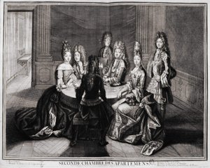 Lägenheternas andra rum (Versailles): 1. Monsignor, 2. Madame Princess of Conty Dowager, 3. Monsieur le Duke de Bourbon, 4. Madame hertiginnan av Bourbon, 5. Monsieur de Vandôme, Frankrikes storprior. Gravyr av Trouvain, tidigt 1700-tal av Unknown artist