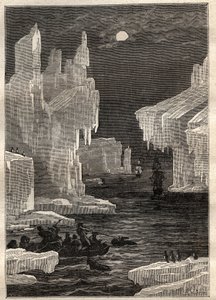 Andra resan (1772-1775) av kapten James Cook (1728-1779): isöarna (isberg), korsningar på vägen till omskärelseudden (Bouvet Island, Antarktis) - illustration hämtad från "The Great Mariners of the 1700-talet"" av Unknown artist