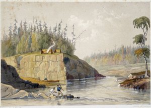 Nybyggare i Kanada fiskar i en flod - i "" Skisser på nipisaguit en flod i New Brunswick i Amerika"" av William Hickman, red. Halifax av Unknown artist