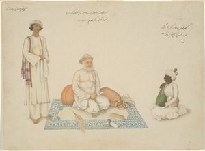 Shah Inayat Allah av Sind med sin musiker Makkhu och sin assistent Shaykh Qiyam al-Din, sida ur Fraser Album av Unknown artist
