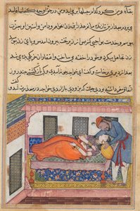Shahr-Arais man böjer sig för att kyssa sin fru som låtsas sömn, från en Tuti-nama (Berättelser om en papegoja): Fortieth Night av Unknown artist
