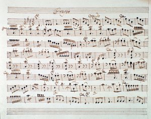 Notblad för den första fiolen i invigningen av Mithridate, King of the Pont, opera av Mozart (1770) av Unknown artist
