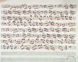 Notblad för den första fiolen i invigningen av Mithridate, King of the Pont, opera av Mozart (1770) av Unknown artist