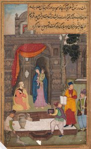 Simeon knäböjer framför Maria och Jesus efter att ha känt igen dem, från en spegel av helighet (Mir’at al-quds) av fader Jerome Xavier av Unknown artist