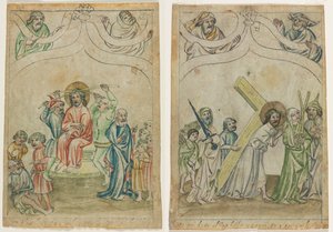 Enkelt blad från en "Biblia Pauperum": Kristus krönt med törnar (recto) Kristus bär korset (verso) av Unknown artist