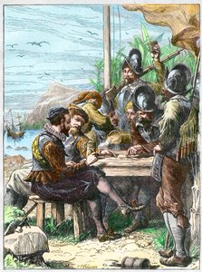 Sir Walter Raleigh på Trinidad, får information från de spanska soldaterna angående Guyana, 1595. - Expedition av Walter Raleigh av Unknown artist